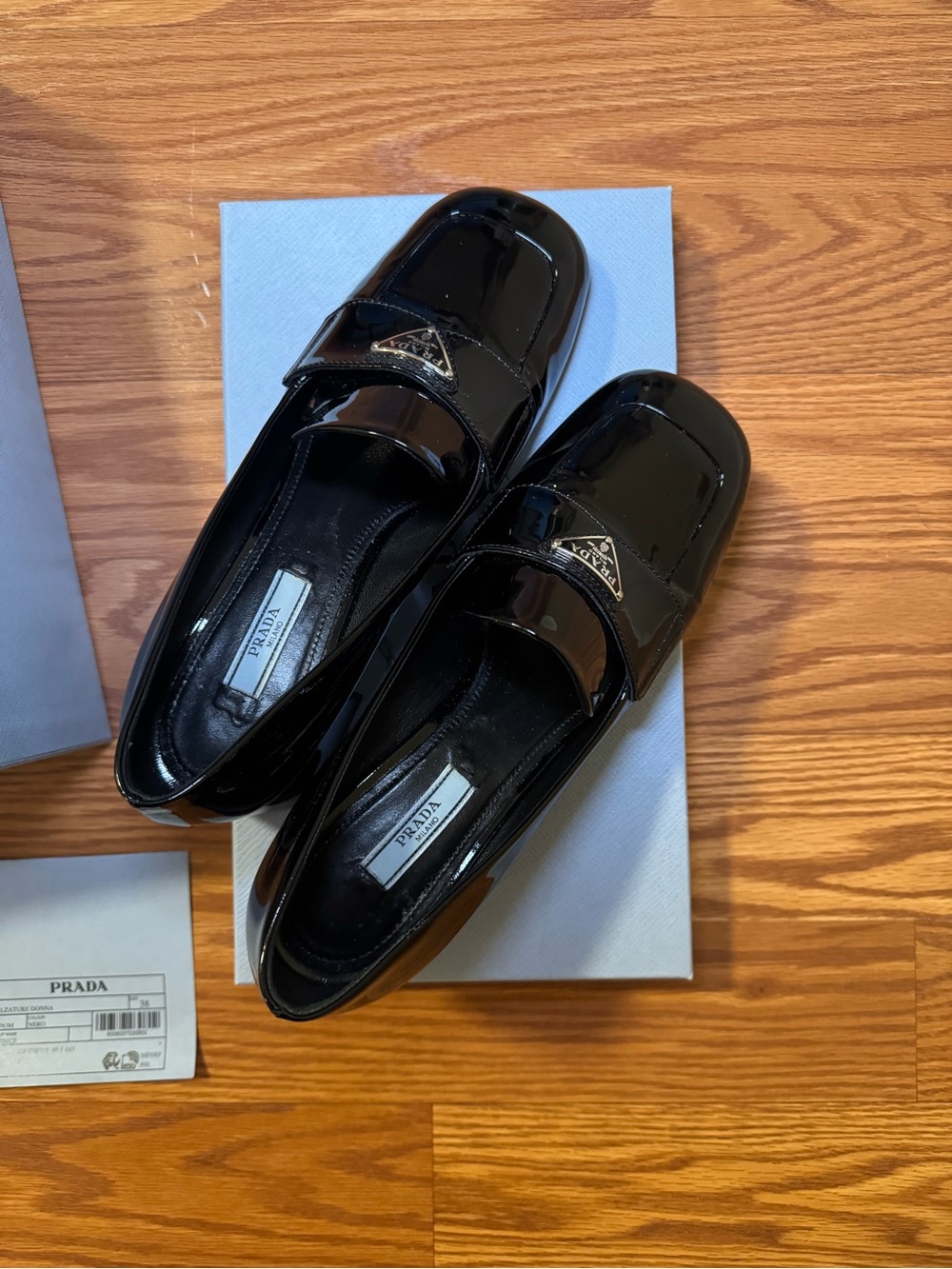 Prada Black Patent Leather Loafers with Triangle Logo Plaque